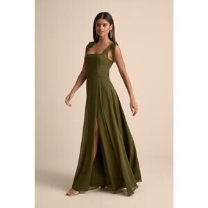Lulus Love Me Forever Olive Green Square Neck Maxi Dress Flowy Bridesmaid Medium